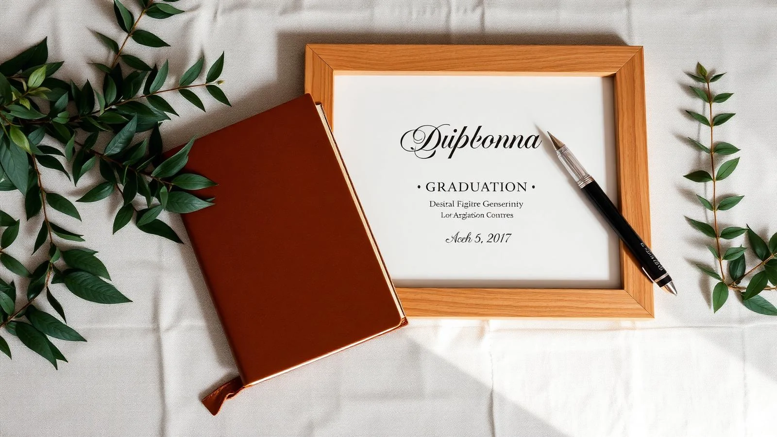 Darila za diplomo slovenskih ustvarjalcev — leseni okvir z gravirano diplomo, usnjen dnevnik, peresnik in lovorjeve vejice na lanenem prtu