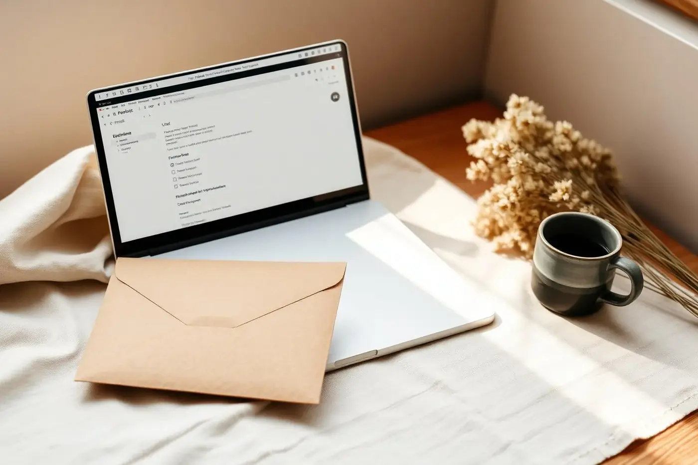 E-mail marketing za ustvarjalce — prenosnik z e-poštnim predalom in kraft kuverta