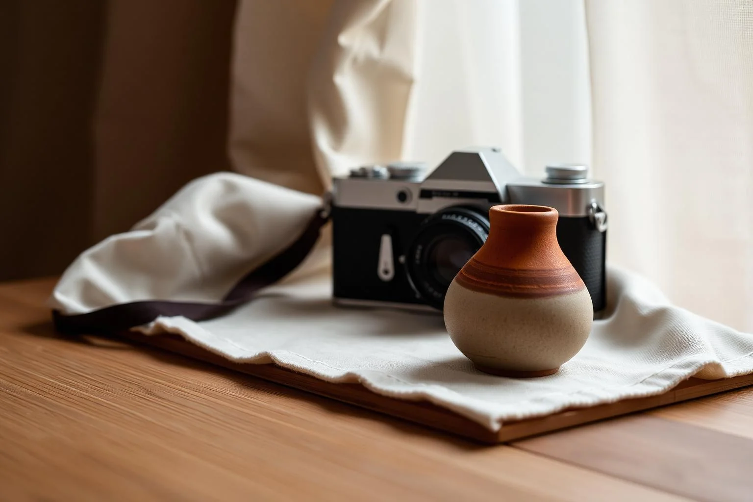 Priprava fotografij izdelkov za splet — fotoaparat in keramična vaza na lanenem ozadju