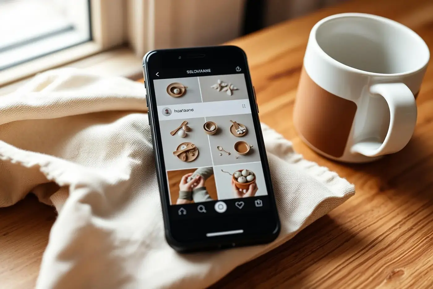 Instagram in spletna trgovina — pametni telefon s prikazom mreže izdelkov