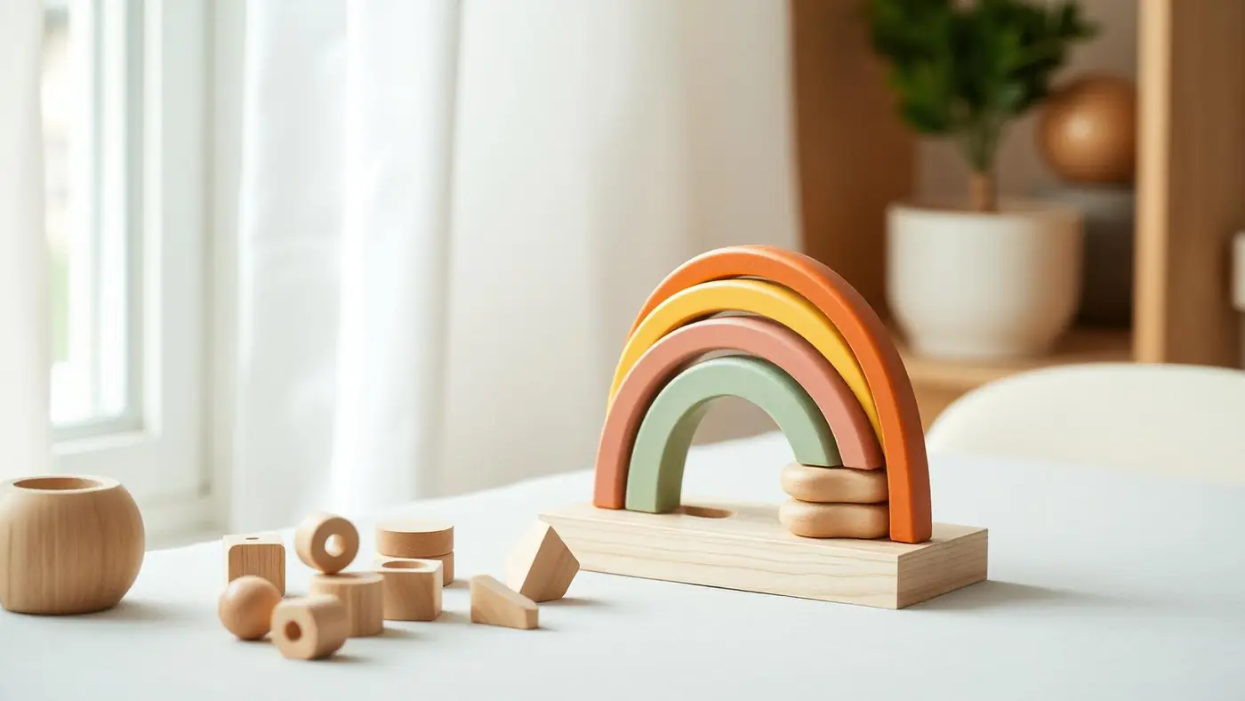 Montessori lesene igrače — mavrični zlagalnik in senzorne oblike na mizi v svetli otroški sobi