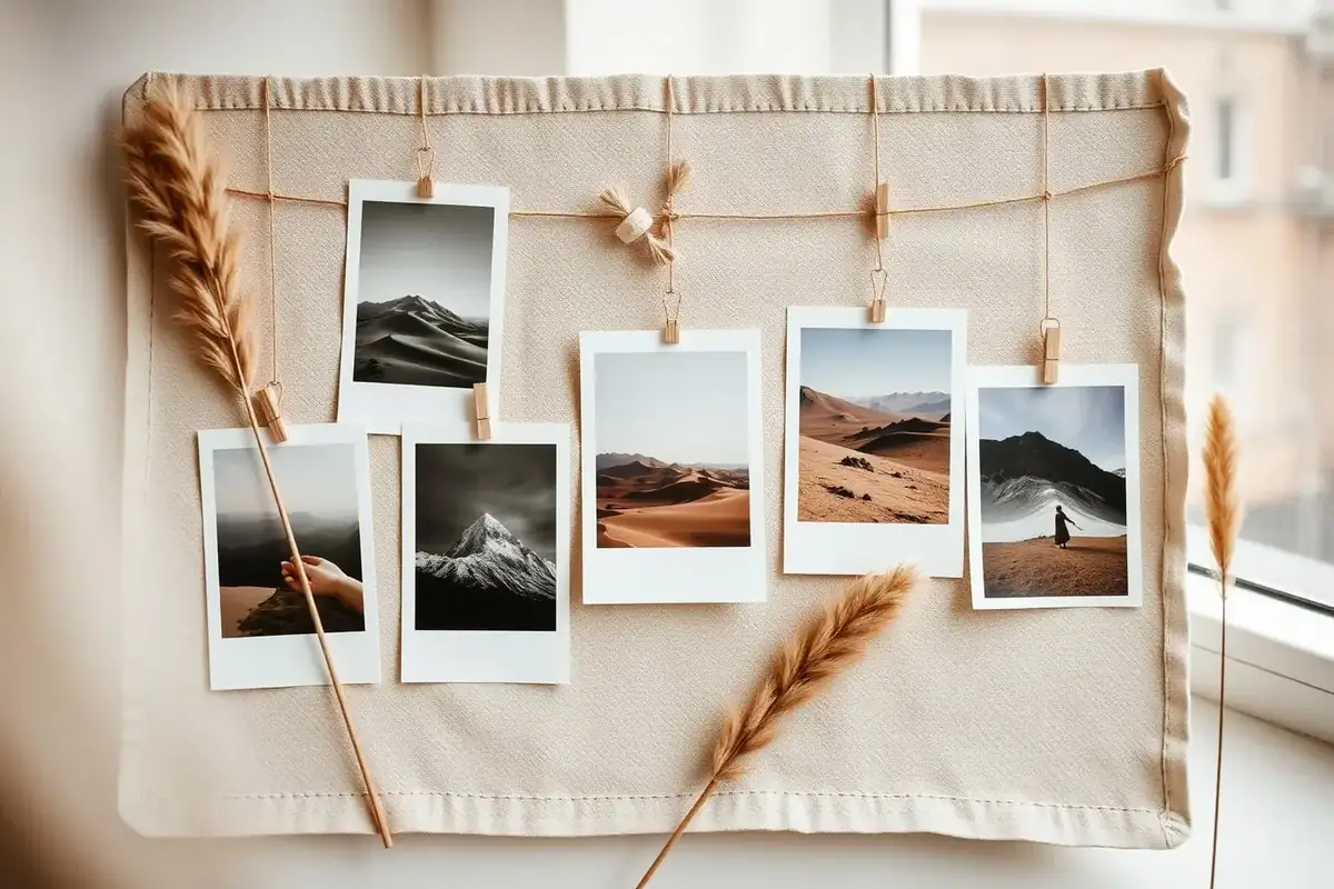 Pinterest moodboard za ustvarjalce unikatnih izdelkov — pripete slike na lanenem ozadju